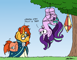 Size: 2208x1720 | Tagged: safe, artist:bobthedalek, imported from derpibooru, starlight glimmer, sunburst, pony, unicorn, atg 2024, bag, dialogue, duo, duo male and female, female, hanging, hanging upside down, horn, kite, male, mare, newbie artist training grounds, open mouth, saddle bag, stallion, stuck, sunburst is not amused, tangled up, that pony sure does love kites, tree, unamused, upside down, upside down text