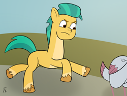 Size: 4143x3139 | Tagged: safe, artist:frownfactory, imported from derpibooru, hitch trailblazer, bird, earth pony, goose, pony, atg 2024, chase, coat markings, g5, male, missing accessory, newbie artist training grounds, pale belly, running, socks (coat markings), stallion, unshorn fetlocks