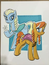 Size: 768x1024 | Tagged: safe, artist:thom zahler, imported from derpibooru, earth pony, pony, 2014, anna (frozen), denver comic con 2014, duo, duo female, elsa, fan expo denver, female, frozen (movie), mare, ponified, siblings, sisters, smiling, snow, snowflake, tail, traditional art
