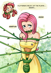 Size: 1226x1733 | Tagged: safe, artist:xeninara, imported from derpibooru, fluttershy, tree hugger, human, ballgag, bondage, bound, bound and gagged, clothes, dialogue, female, gag, humanized, peril, simple background, speech bubble, tied up, vine, vine bondage, vine gag, wrapped up