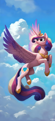 Size: 1080x2400 | Tagged: safe, artist:dovakkins, derpibooru exclusive, imported from derpibooru, princess cadance, alicorn, pony, :3, ai assisted, ai content, belly, chest fluff, cloud, cloudy, colored wings, colored wingtips, concave belly, crown, female, flying, gauntlet, hoof shoes, horn, jewelry, leg fluff, long horn, mare, peytral, princess shoes, regalia, sky, slender, smiling, solo, spread wings, tail, thin, turned head, wallpaper, wavy mane, wavy tail, wings