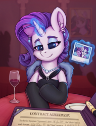 Size: 735x965 | Tagged: safe, artist:zeepheru_pone, imported from derpibooru, rarity, twilight sparkle, alicorn, pony, unicorn, atg 2024, clothes, contract, dress, ear piercing, earring, female, glass, horn, jewelry, mare, necklace, newbie artist training grounds, offscreen character, pearl necklace, picture, piercing, plate, pov, restaurant, socks, solo, stockings, table, thigh highs, wine glass
