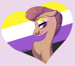 Size: 2767x2431 | Tagged: safe, artist:kaenn, imported from derpibooru, oc, oc only, oc:partie fine, earth pony, commission, eyeshadow, floppy ears, heart, makeup, nonbinary, nonbinary pride flag, pride, pride flag, pride month, solo, ych result