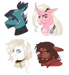 Size: 2304x2503 | Tagged: safe, artist:primrosepaper, imported from derpibooru, pony, unicorn, beard, bust, cigar, cole cassidy, curved horn, facial hair, female, floppy ears, hanzo, horn, lifeweaver, looking at you, male, mare, mercy, overwatch, ponified, signature, simple background, smiling, smiling at you, smoking, stallion, watermark, white background