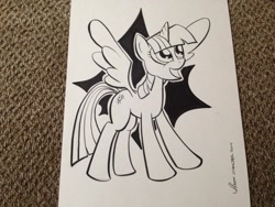 Size: 1024x768 | Tagged: safe, artist:thom zahler, imported from derpibooru, twilight sparkle, alicorn, pony, 2014, black and white, commission, female, grayscale, heroescon, heroescon 2014, horn, mare, monochrome, open mouth, open smile, photo, smiling, solo, spread wings, tail, traditional art, twilight sparkle (alicorn), wings