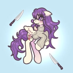Size: 1925x1925 | Tagged: safe, artist:tuskonline, imported from derpibooru, pegasus, pony, blue background, clothes, cutie mark, doki doki literature club, doki doki literature club!, female, knife, mare, ponified, purple eyes, purple mane, purple tail, simple background, smiling, solo, spread wings, sweater, tail, turtleneck, wings, yuri (ddlc)
