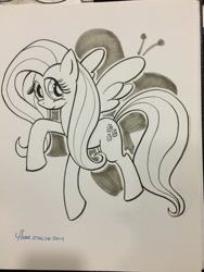 Size: 768x1024 | Tagged: safe, artist:thom zahler, imported from derpibooru, fluttershy, pegasus, pony, 2014, commission, cutie mark background, female, mare, signature, solo, spread wings, traditional art, wings, wizard world columbus comic con, wizard world columbus comic con 2014