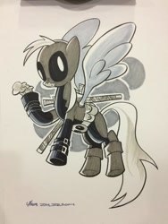Size: 768x1024 | Tagged: safe, artist:thom zahler, imported from derpibooru, derpy hooves, pegasus, pony, 2014, clothes, cosplay, costume, deadpool, eating, female, flying, food, grayscale, mare, marvel, messy eating, monochrome, muffin, pouch, solo, spread wings, sword, tail, that pony sure does love muffins, traditional art, weapon, wings, wizard world columbus comic con, wizard world columbus comic con 2014