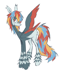 Size: 1121x1286 | Tagged: safe, artist:webkinzworldz, imported from derpibooru, oc, oc only, oc:wishbone, pegasus, pony, bald face, blank flank, blaze (coat marking), blue coat, blushing, butt fluff, coat markings, colored, colored wings, colored wingtips, ear fluff, facial markings, flat colors, leg fluff, leg strips, lidded eyes, long mane, long tail, looking back, male, multicolored eyes, multicolored pupils, nose blush, one wing out, pegasus oc, ponysona, profile, red eyes, red wingtips, simple background, smiling, solo, stallion, standing, tail, tall ears, thin legs, three toned mane, three toned tail, tri-color mane, tri-color tail, tri-colored mane, tri-colored tail, tricolor mane, tricolor tail, tricolored tail, two toned coat, two toned wings, white background, wings, wolf cut