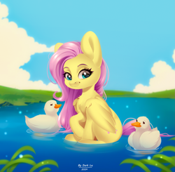 Size: 1661x1627 | Tagged: safe, artist:d_lu, artist:dark_lu, artist:dark_lu~, imported from derpibooru, fluttershy, bird, duck, pegasus, pony, chest fluff, cloud, female, folded wings, grass, lake, mare, outdoors, partially submerged, sitting, sky, smiling, solo, water, wings