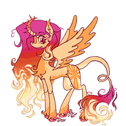 Size: 2048x2048 | Tagged: safe, artist:cingulomana, imported from derpibooru, part of a set, princess celestia, alicorn, pony, alternate design, alternate eye color, alternate hairstyle, alternate mane color, alternate tail color, alternate tailstyle, alternate universe, blaze (coat marking), chest fluff, coat markings, colored eartips, colored hooves, colored horn, colored horntip, colored wings, colored wingtips, curved horn, ear fluff, ear tufts, ethereal fetlocks, ethereal mane, ethereal tail, eyebrows, eyebrows visible through hair, eyelashes, facial markings, female, fetlock tuft, fiery fetlocks, fiery mane, fiery tail, gradient mane, gradient tail, high res, horn, leonine tail, long legs, long mane, long tail, looking back, mare, orange coat, orange wingtips, red eyes, red hooves, shiny hooves, shoulder fluff, simple background, smiling, socks (coat markings), solo, sparkly eyes, spiked horn, splotches, spread wings, standing, starry eyes, straight mane, tail, tall ears, thick eyelashes, thin, thin legs, transparent background, two toned wings, unicorn horn, unshorn fetlocks, unusual pupils, wide eyes, wingding eyes, wings, young celestia, younger