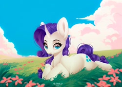 Size: 2560x1834 | Tagged: safe, alternate version, artist:dark_lu, artist:dark_lu~, imported from derpibooru, rarity, pony, unicorn, cloud, female, flower, grass, horn, looking at you, lying down, mare, outdoors, prone, sky, smiling, smiling at you, solo, sploot, tail