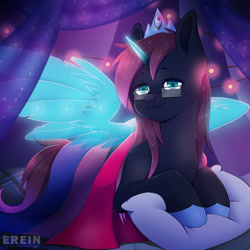 Size: 2000x2000 | Tagged: safe, alternate version, artist:erein, imported from derpibooru, oc, oc only, oc:osiris eclipse, alicorn, pony, alicorn oc, alternate character, bedroom, bisexual, bisexual pride flag, blue eyes, commission, crown, ears up, ethereal mane, flag, garland, glasses, high res, hoof shoes, horn, indoors, jewelry, lgbt, looking at you, male, night, pillow, pride, pride flag, pride month, regalia, room, smiling, smiling at you, solo, spread wings, starry mane, starry tail, string lights, tail, wings, ych result