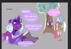 Size: 2044x1410 | Tagged: safe, artist:aztrial, imported from derpibooru, opaline arcana, princess celestia, alicorn, anthro, plantigrade anthro, blush lines, blushing, centurion, clothes, costume, dialogue, duo, duo female, emanata, female, frown, g5, gray background, lidded eyes, plewds, school play, shield, simple background, speech bubble, sword, thought bubble, toga, tree costume, weapon, young celestia, younger