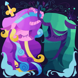 Size: 2048x2048 | Tagged: safe, artist:cingulomana, imported from derpibooru, princess cadance, queen chrysalis, alicorn, changeling, changeling queen, pony, alternate color palette, alternate design, alternate mane color, alternate universe, black background, blaze (coat marking), cadalis, changeling horn, chest fluff, coat markings, colored, colored eartips, colored eyebrows, colored hooves, colored horn, colored horntip, colored pupils, crown, curly mane, curved horn, duo, duo female, ear fluff, eye clipping through hair, eyelashes, eyes closed, eyeshadow, facial markings, facing each other, female, flat colors, floating heart, floppy ears, green mane, heart, heart horn, high res, horn, horns are touching, infidelity, jewelry, lesbian, lineless, long horn, long mane, makeup, mare, multicolored mane, multicolored tail, neck fluff, no mouth, pink coat, profile, purple body, purple eyes, purple pupils, regalia, shipping, simple background, straight mane, tail, three toned mane, three toned tail, tri-color mane, tri-color tail, tri-colored mane, tri-colored tail, tricolor mane, tricolor tail, tricolored mane, tricolored tail, unshorn fetlocks, wall of tags, watermark