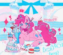 Size: 2048x1820 | Tagged: safe, artist:emoboy130, imported from derpibooru, pinkie pie, earth pony, pony, abstract background, alternate accessories, alternate mane color, alternate tail color, bandaid, blue bow, blue eyes, bow, cake, cake slice, colored hooves, colored pinnae, cupcake, curly mane, curly tial, drink, drinking, drinking straw, ear fluff, ear piercing, earring, female, floating crown, floating heart, food, hair accessory, hair bow, hairclip, heart, heart mark, jewelry, long eyelashes, long mane, long tail, looking back, lying down, macaron, mane accessory, mare, milkshake, outline, piercing, pink coat, pink eyelashes, pink hooves, pink mane, pink tail, prone, ribbon, shiny hooves, shrunken pupils, signature, solo, sparkles, sprinkles in mane, sprinkles in tail, sticker, tail, tail accessory, tail bow, tail clip, two toned mane, two toned tail, zoom layer