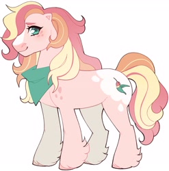 Size: 3696x3744 | Tagged: safe, artist:daffidaizy, imported from derpibooru, oc, oc only, unnamed oc, earth pony, pony, bandana, blaze (coat marking), coat markings, earth pony oc, facial markings, female, hoof fluff, mare, offspring, parent:big macintosh, parent:fluttershy, parents:fluttermac, simple background, smiling, solo, unshorn fetlocks, white background