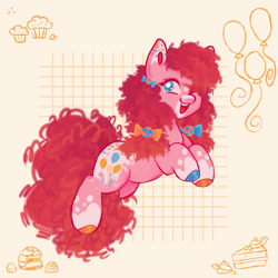 Size: 2000x2000 | Tagged: safe, artist:qalrey, imported from derpibooru, pinkie pie, earth pony, pony, appaloosa, balloon, bow, cake, cake slice, coat markings, colored hooves, female, food, grid background, hair bow, high res, hooves, looking at you, mare, muffin, multicolored hooves, one eye closed, open mouth, open smile, smiling, smiling at you, solo, sprinkles, wink, winking at you