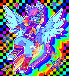 Size: 900x1000 | Tagged: safe, artist:qalrey, imported from derpibooru, rainbow dash, pegasus, pony, :3, ><, bracelet, checkered background, clothes, ear piercing, earring, eyes closed, eyestrain warning, female, fishnet clothing, flying, jewelry, leg warmers, mare, necktie, outline, piercing, rainbow background, scene, solo, spread wings, stars, wings
