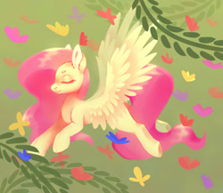 Size: 2048x1781 | Tagged: safe, artist:qalrey, imported from derpibooru, fluttershy, butterfly, pegasus, pony, beanbrows, calm, eyebrows, eyes closed, female, flying, full body, gradient background, mare, side view, smiling, solo, spread wings, vine, wings