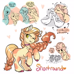 Size: 4096x4096 | Tagged: safe, artist:opalacorn, imported from derpibooru, oc, oc only, oc:shortround, bird, duck, earth pony, pony, boop, dialogue, eyes closed, female, floating heart, floppy ears, heart, height difference, helmet, hoof on chest, jewelry, mare, mining helmet, name, necklace, noseboop, rearing, silver, simple background, smiling, unshorn fetlocks, white background