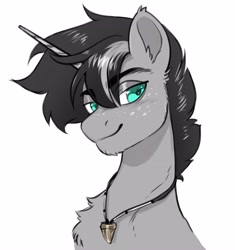 Size: 3851x4096 | Tagged: safe, artist:opalacorn, imported from derpibooru, oc, oc only, pony, unicorn, bust, chest fluff, horn, jewelry, lidded eyes, looking at you, male, necklace, simple background, smiling, smiling at you, solo, stallion, traditional art, white background