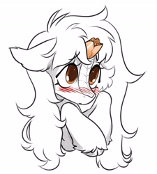 Size: 3688x4096 | Tagged: safe, artist:opalacorn, imported from derpibooru, oc, oc only, unnamed oc, kirin, blush lines, blushing, broken horn, bust, cheek fluff, cloven hooves, eyebrows, eyebrows visible through hair, female, floppy ears, high res, horn, kirin oc, monochrome, partial color, simple background, solo, unshorn fetlocks, white background