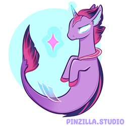 Size: 640x640 | Tagged: safe, artist:pinzillastudio, imported from derpibooru, oc, oc only, pony, seapony (g4), bubble, dorsal fin, female, fin, fins, fish tail, floppy ears, flowing mane, flowing tail, fusion, fusion:novosparkle, fusion:queen novo, fusion:twilight sparkle, glowing, glowing eyes, glowing horn, gradient mane, horn, jewelry, magic, magic aura, ocean, peytral, regalia, seaponified, seapony oc, simple background, solo, sparkles, species swap, swimming, tail, underwater, water, white background