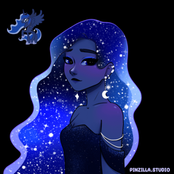Size: 640x640 | Tagged: safe, artist:pinzillastudio, imported from derpibooru, princess luna, alicorn, human, pony, equestria girls, black background, clothes, dress, ear piercing, earring, ethereal hair, eyeshadow, female, humanized, jewelry, makeup, piercing, pony coloring, simple background, solo, sparkles