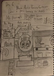 Size: 2757x3921 | Tagged: safe, artist:goldenmidnight, imported from derpibooru, oc, oc:corn truffle, unicorn, :p, alarm, chaos, fire, horn, mcdonald's, monochrome, offscreen character, offscreen human, sketch, tongue out, traditional art