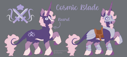 Size: 1700x775 | Tagged: safe, artist:dannonhynha, imported from derpibooru, oc, oc only, unicorn, armor, armored pony, beard, cutie mark, facial hair, flower, horn, looking at you, male, purple eyes, purple mane, reference sheet, solo, sword, weapon