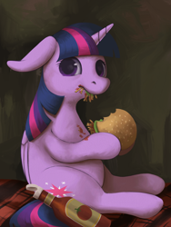 Size: 2700x3600 | Tagged: safe, artist:taytinabelle, derpibooru exclusive, imported from derpibooru, twilight sparkle, alicorn, pony, blank stare, borgarposting, burger, female, floppy ears, food, hay, hay burger, ketchup, mare, messy eating, no thoughts head empty, ponified, ponified animal photo, sauce, solo, stare, that pony sure does love burgers, twilight burgkle, twilight sparkle (alicorn)