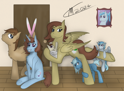 Size: 3944x2884 | Tagged: safe, artist:maître cervidé, imported from derpibooru, oc, oc:arid pyre, oc:boreal storm, oc:divine orchid, oc:flora leaf, oc:glacial pearl, oc:mineral spark, oc:swift eye, earth pony, pegasus, pony, unicorn, baby, baby pony, bunny ears, child, door, family, horn, picture, signature