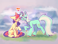 Size: 2000x1500 | Tagged: safe, artist:qalrey, imported from derpibooru, bon bon, lyra heartstrings, sweetie drops, earth pony, pony, unicorn, ^^, blushing, colored hooves, cute, duo, duo female, eyes closed, female, grass, heart, horn, horn ring, jewelry, lesbian, lesbian pride flag, lyrabon, mare, necklace, nuzzling, pride, pride flag, ring, shipping, smiling