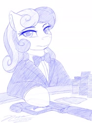 Size: 1440x1920 | Tagged: safe, artist:novaintellus, imported from derpibooru, bon bon, sweetie drops, earth pony, pony, bowtie, clothes, gun, monochrome, playing card, poker chips, secret agent sweetie drops, solo, suit, weapon