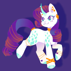 Size: 2000x2000 | Tagged: safe, artist:qalrey, imported from derpibooru, rarity, pony, unicorn, :3, bracelet, choker, colored hooves, colored horn, curved horn, ear piercing, earring, extended cutie mark, eyeshadow, female, full body, gem, heart, heart mark, high res, horn, jewelry, makeup, mane jewelry, mare, piercing, purple background, ring, shadow, simple background, smiling, solo, tail, tail jewelry, tail ring, walking