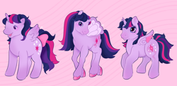 Size: 4500x2185 | Tagged: safe, artist:fhroggy, imported from derpibooru, twilight sparkle, alicorn, pony, blushing, bow, colored hooves, female, g1, g2, g3, g4 to g1, g4 to g2, g4 to g3, generation leap, multeity, open mouth, open smile, smiling, solo, sparkle sparkle sparkle, tail, tail bow, triality, twilight sparkle (alicorn)