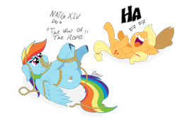 Size: 1931x1281 | Tagged: safe, artist:zeccy, imported from derpibooru, applejack, rainbow dash, earth pony, pegasus, pony, :t, atg 2024, duo, duo female, emanata, fail, female, laughing, lying down, newbie artist training grounds, on back, open mouth, open smile, rope, smiling, tangled up, volumetric mouth