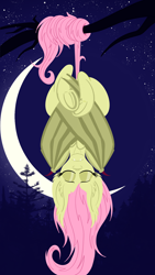 Size: 2250x4000 | Tagged: safe, artist:sixes&sevens, imported from derpibooru, fluttershy, bat pony, bat ponified, crescent moon, flutterbat, moon, night, outdoors, phone wallpaper, race swap, sleeping, solo, upside down