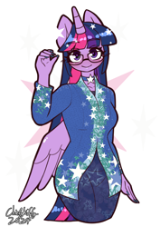 Size: 744x1052 | Tagged: safe, artist:chiefywiffy, imported from derpibooru, twilight sparkle, alicorn, anthro, clothes, dress, glasses, horn, kebaya, simple background, solo, twilight sparkle (alicorn), white background, wings