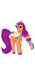 Size: 640x1353 | Tagged: safe, artist:zerepolho, imported from derpibooru, sunny starscout, alicorn, pony, artificial horn, artificial wings, augmented, bag, base used, female, g2, g5, g5 to g2, generation leap, mane stripe sunny, mare, race swap, saddle bag, simple background, smiling, solo, sunnycorn, white background, wings