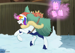 Size: 4093x2894 | Tagged: safe, artist:jjsh, imported from derpibooru, oc, oc only, pony, unicorn, box, christmas, christmas tree, evil, female, fluffy mane, happy new year, hat, high res, holiday, horn, looking forward, magic, magic aura, mare, multicolored hair, multicolored mane, new year, present, rainbow hair, running, santa hat, smiling, snow, solo, sparkles, spots, teeth, tinsel, tree, winter
