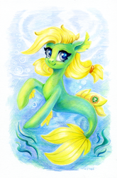 Size: 794x1200 | Tagged: safe, artist:maytee, imported from derpibooru, oc, oc only, seapony (g4), blue eyes, bubble, colored pencil drawing, commission, cute, dorsal fin, eyelashes, female, fin, fins, fish tail, floppy ears, flowing mane, flowing tail, happy, looking at you, mare, ocean, scales, seapony oc, seaweed, signature, smiling, smiling at you, solo, sunlight, swimming, tail, traditional art, underwater, water, yellow mane, yellow tail