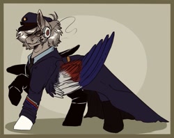 Size: 759x600 | Tagged: safe, artist:.blankpage., imported from derpibooru, oc, oc only, oc:amoo, pegasus, pony, cigar, clothes, female, headphones, mare, pegasus oc, pony oc, regiment, royal air force, smoke, smoking, solo, uniform, wings