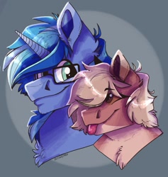 Size: 861x910 | Tagged: safe, artist:.blankpage., imported from derpibooru, oc, oc only, oc:amoo, oc:blue cola, pony, unicorn, :p, bust, couple, female, glasses, horn, male, mare, pony oc, portrait, simple background, smiling, stallion, tongue out, unicorn oc