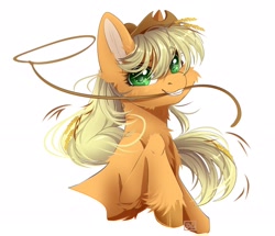 Size: 2500x2150 | Tagged: safe, artist:dark_lu, artist:dark_lu~, imported from derpibooru, applejack, earth pony, pony, applejack's hat, cheek fluff, chest fluff, cowboy hat, eyebrows, eyebrows visible through hair, female, hat, lasso, looking at you, mare, mouth hold, rope, simple background, smiling, smiling at you, solo, unshorn fetlocks, white background