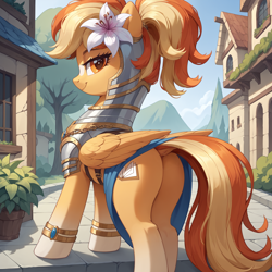 Size: 1536x1536 | Tagged: safe, imported from derpibooru, oc, oc only, oc:serenity, pegasus, pony, ai content, ai generated, alternate hairstyle, armor, armored pony, bedroom eyes, belt, belt buckle, blaze (coat marking), bracelet, building, butt, clothes, coat markings, dock, facial markings, female, flower, flower in hair, gem, generator:bluefox mix, generator:stable diffusion, jewelry, lily (flower), looking at you, looking back, looking back at you, mare, mountain, multicolored hair, orange coat, orange eyes, orange mane, outdoors, pegasus oc, plot, ponytail, potted plant, prompter:tyto4tme4l, rear view, road, roof, skirt, sky, smiling, smiling at you, smug, solo, tail, tree, two toned mane, window, wings, yellow mane