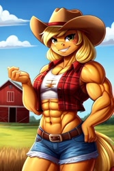 Size: 512x768 | Tagged: safe, imported from derpibooru, applejack, anthro, earth pony, ai content, ai generated, applejacked, barn, female, generator:stable diffusion, grin, muscles, muscular female, prompter:chillyhooves, smiling, solo