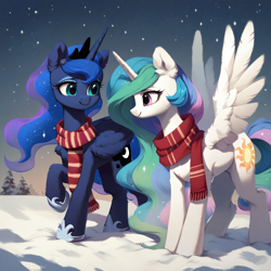 Size: 2048x2048 | Tagged: safe, imported from derpibooru, princess celestia, princess luna, alicorn, pony, ai content, ai generated, clothes, crown, duo, duo female, ear fluff, female, folded wings, generator:pony diffusion v6 xl, generator:stable diffusion, horn, jewelry, night, prompter:liladash, regalia, scarf, siblings, sisters, snow, snowfall, spread wings, striped scarf, wing fluff, wings, winter