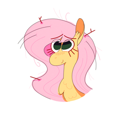 Size: 2048x2048 | Tagged: safe, artist:hazelnoods, imported from derpibooru, fluttershy, pegasus, pony, blushing, bust, chest fluff, eye clipping through hair, eyebrows, eyebrows visible through hair, female, high res, long eyelashes, mare, simple background, smiling, solo, stick, stick in hair, white background